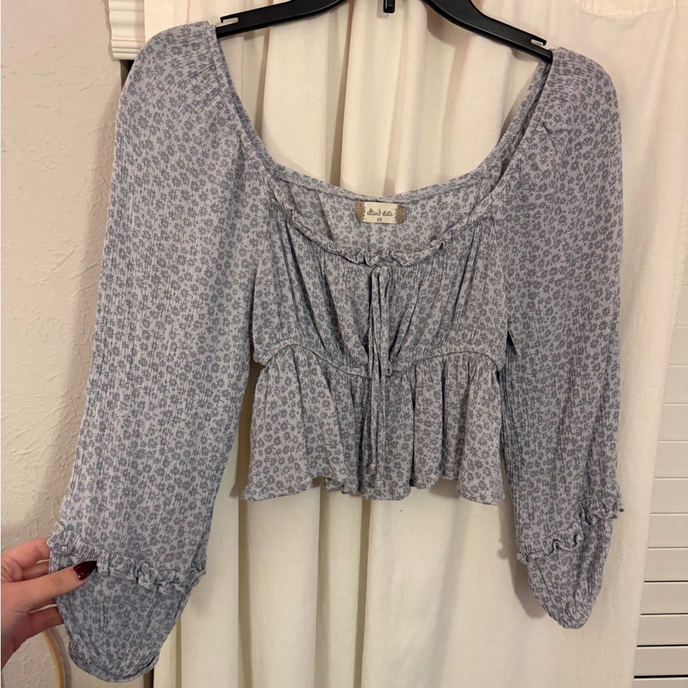 Altar'd State Light Blue Grey Floral Blouse